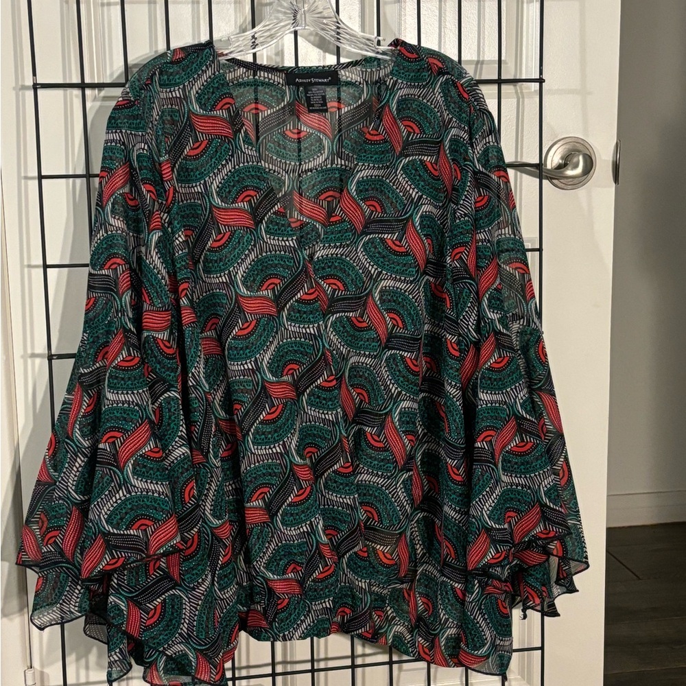 Ashley Stewart Plus Size Abstract print Blouse Red/Green Multi and Gold